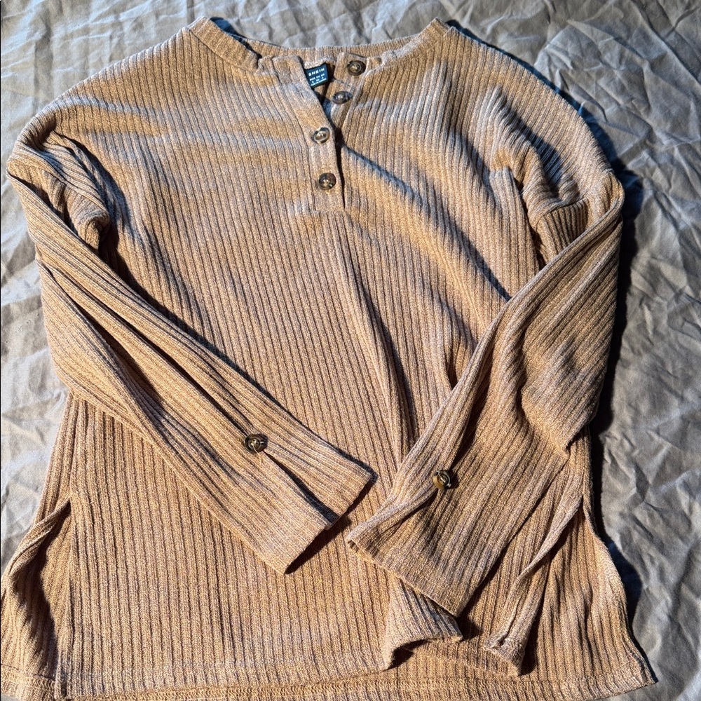 SHEIN Beige Ribbed Henley Button Sweater